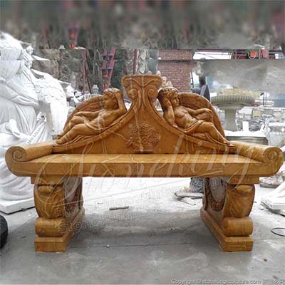 Factory Supply Hand Carved Yellow Marble Outdoor Decorative Garden Bench with Angels for sale 