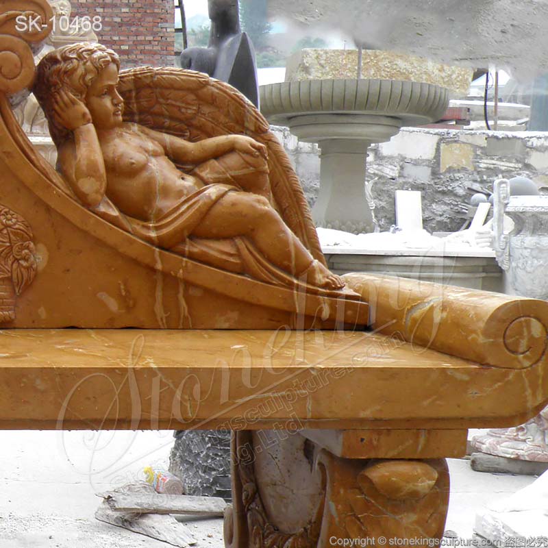 Factory Supply Hand Carved Yellow Marble Outdoor Decorative Garden Bench with Angels for sale 