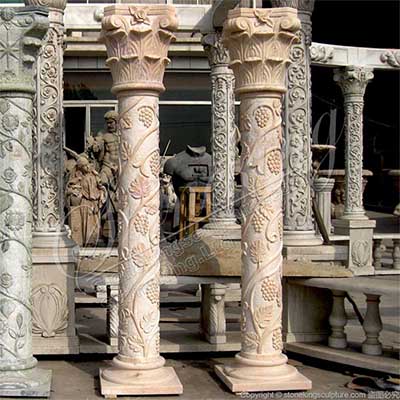 Beautiful Hand Carved Marble Building Column with Corinthian style capital and grapes for sale 