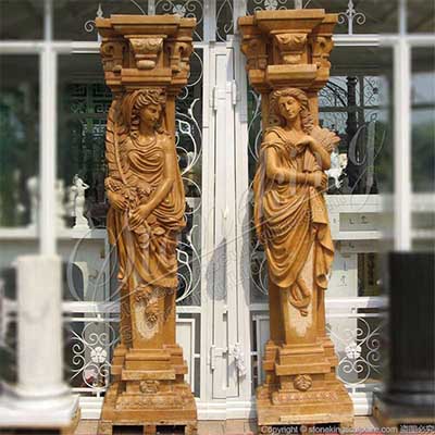 Garden Ornaments Top Quality Marble Decorative Outdoor Columns with Lady Statues for sale 
