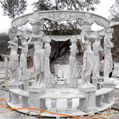 Outdoor Landscaping Hand Carved Marble Large Garden Gazebo with Female Statues for sale 