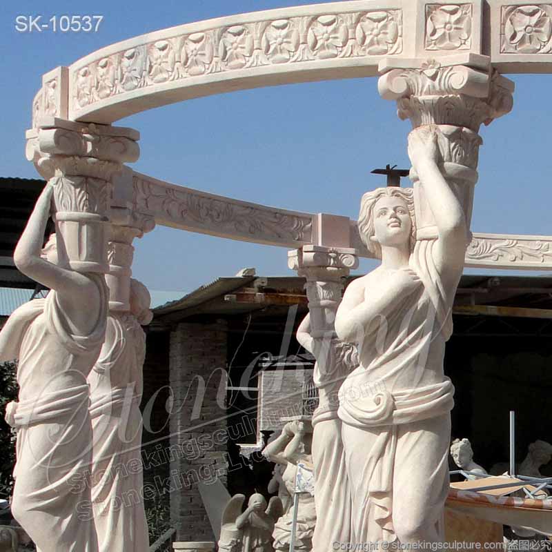 Wholesale Hand Carved High Quality Marble Large Outdoor Gazebo with lady statues for sale 