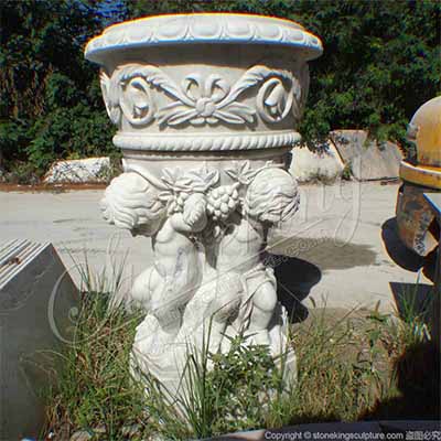 Factory Price Hand Carved Marble White Cherub Planter Pot for outdoor garden for sale
