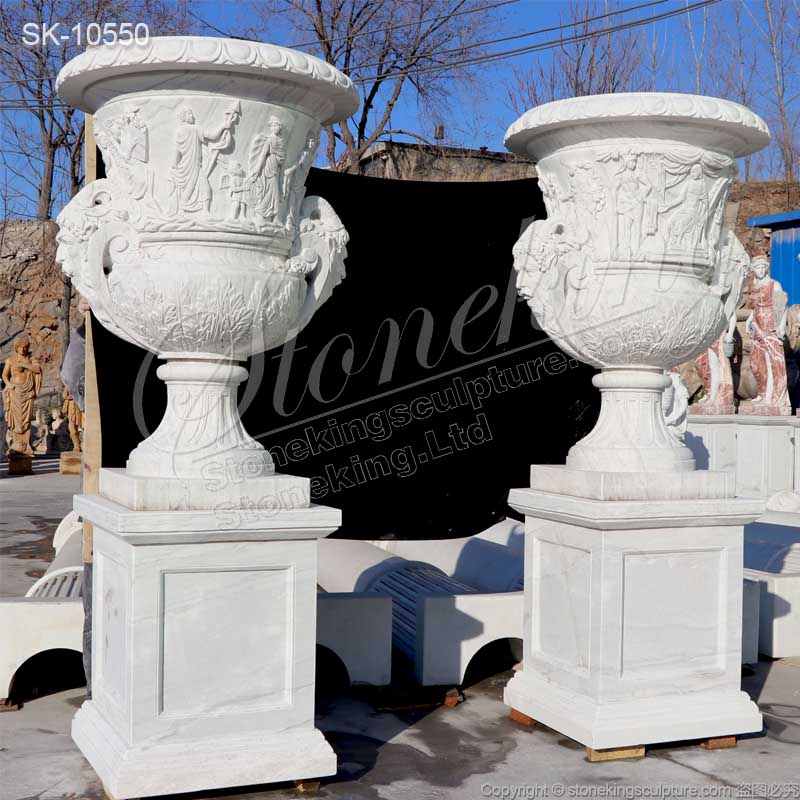 Factory Supplier Hand Carved White Marble Extra Large Plant Pots Outdoor Decor for sale