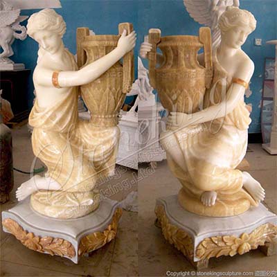 Best Hand Carved Marble Female Statue Holding Outdoor Garden Planters for sale