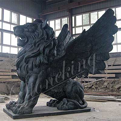 Large Black Marble Winged Lion Statue for Outdoor Garden and Home Ornaments for sale 