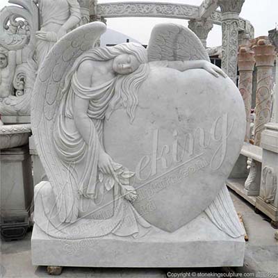 Handcrafted White Marble Heart Shaped Headstone with Angel Staute for Graves for sale 
