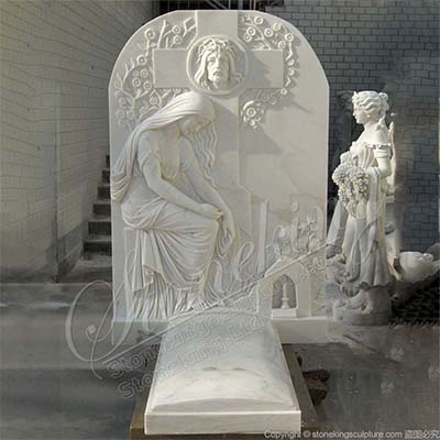 Hand Carved White Marble Headstone with Jesus and Cross for Gravesite for sale 