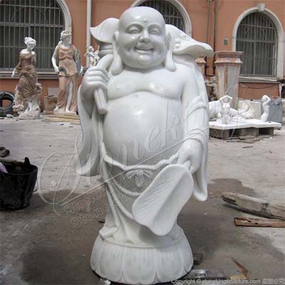 Factory Direct Supply White Marble Standing Happy Buddha Statue for Outdoor Decor for sale