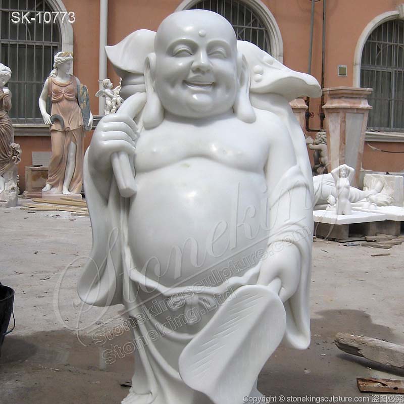 Factory Direct Supply White Marble Standing Happy Buddha Statue for Outdoor Decor for sale