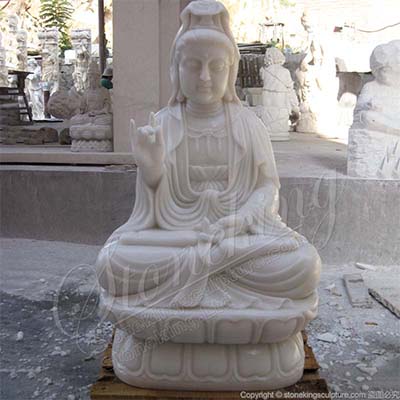 Outdoor Hand Carved White Marble Seated Guanyin Statue for Garden and Home Decor for sale 