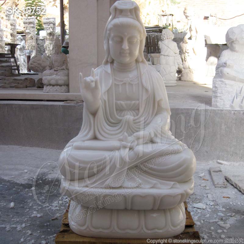 Outdoor Hand Carved White Marble Seated Guanyin Statue for Garden and Home Decor for sale 