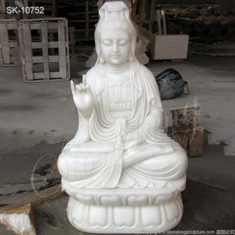 Outdoor Hand Carved White Marble Seated Guanyin Statue for Garden and Home Decor for sale 