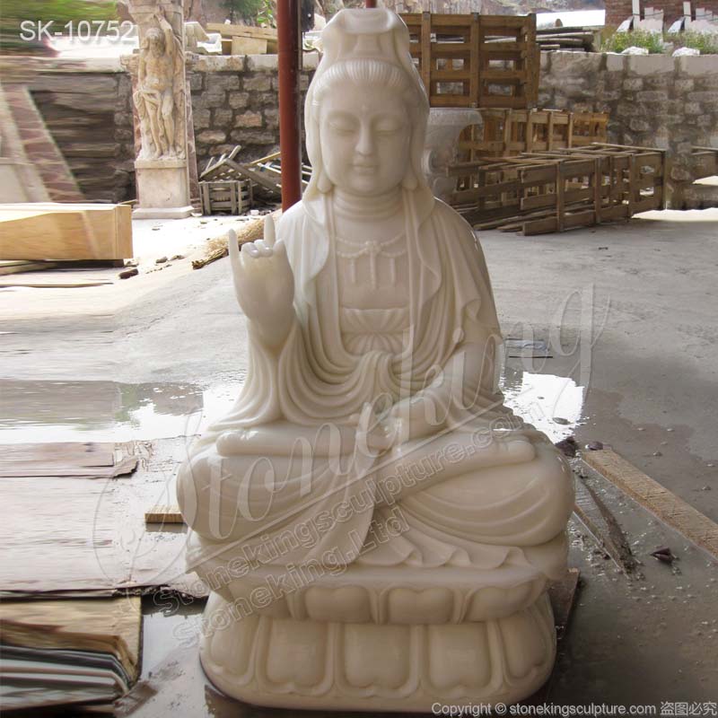 Outdoor Hand Carved White Marble Seated Guanyin Statue for Garden and Home Decor for sale 