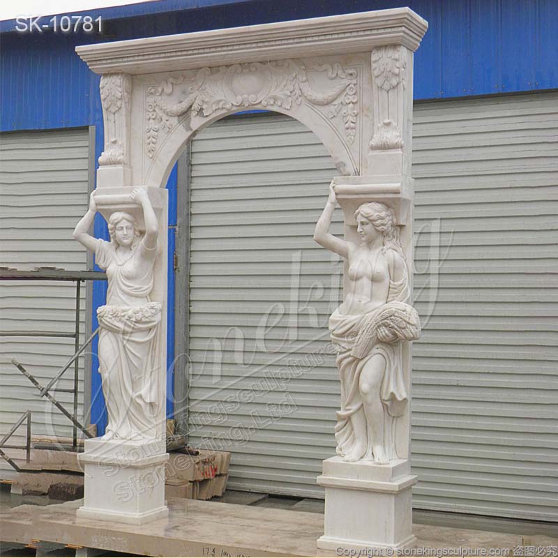 Factory Supply Hand Carved White Marble Arch Doorway with Woman Caryatid Sculptures for sale 