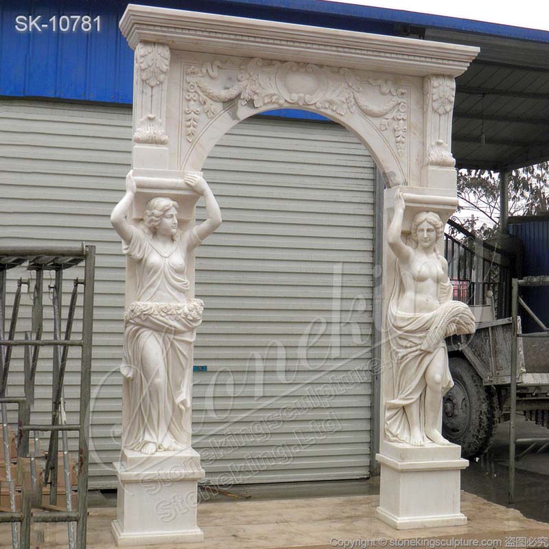 Factory Supply Hand Carved White Marble Arch Doorway with Woman Caryatid Sculptures for sale 