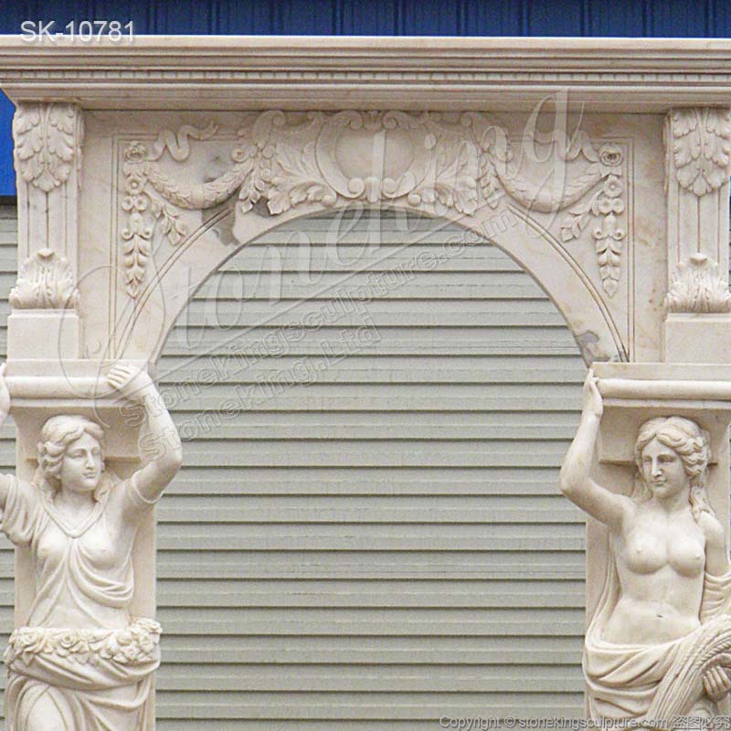 Factory Supply Hand Carved White Marble Arch Doorway with Woman Caryatid Sculptures for sale 