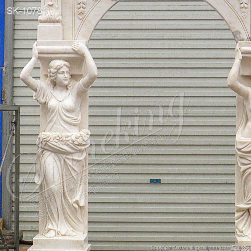 Factory Supply Hand Carved White Marble Arch Doorway with Woman Caryatid Sculptures for sale 