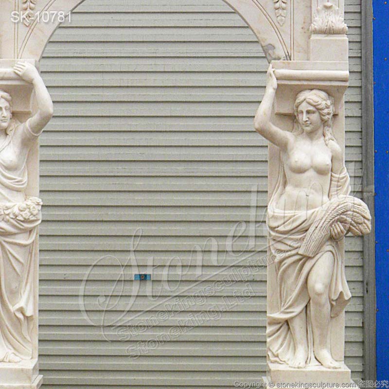 Factory Supply Hand Carved White Marble Arch Doorway with Woman Caryatid Sculptures for sale 