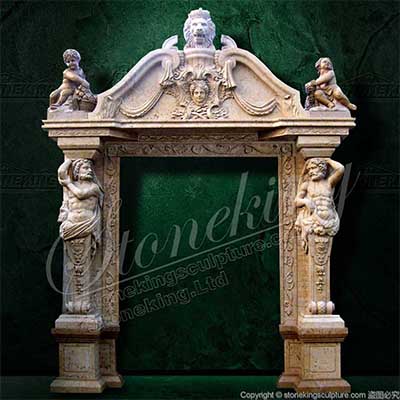 Custom Design Luxury Hand Carved Marble Entryway with Cherubs and Atlantes for sale