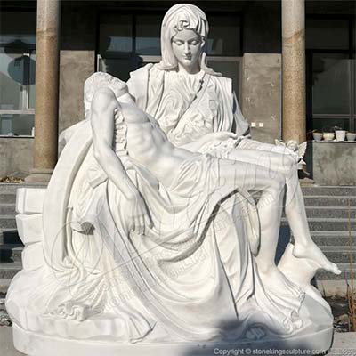 Hand Carved Life Size White Marble Pieta Statue by Michelangelo for Church for sale