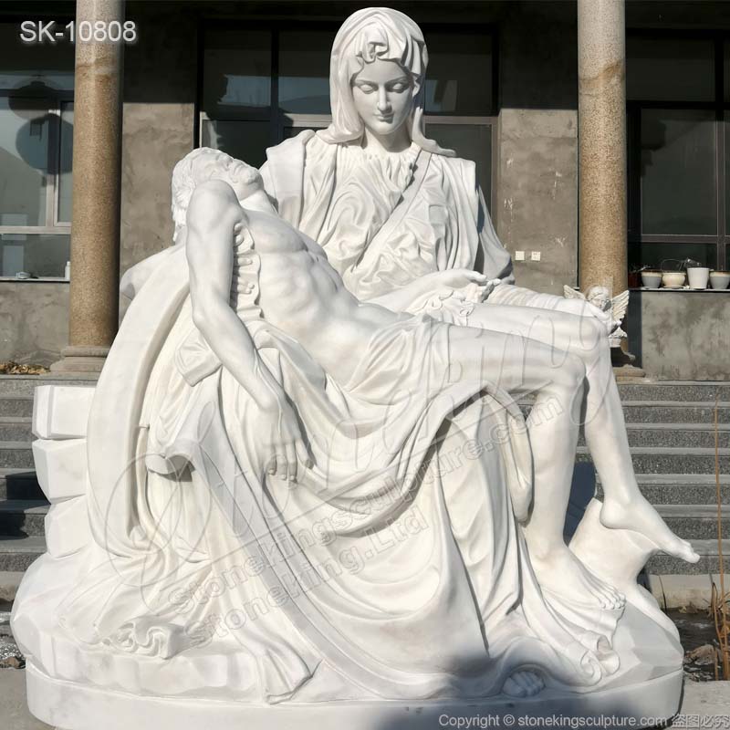 Hand Carved Life Size White Marble Pieta Statue by Michelangelo for Church for sale