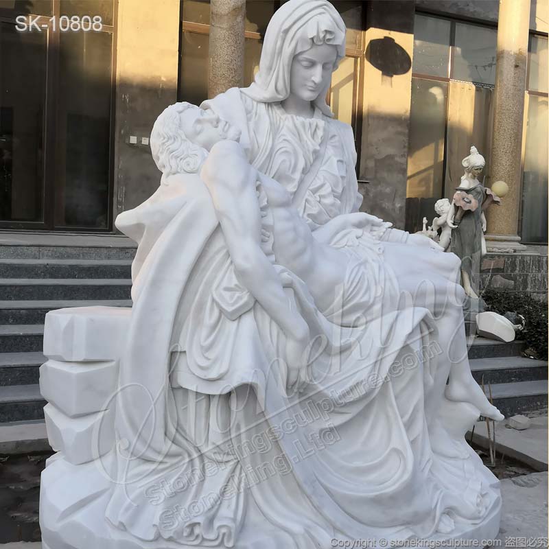 Hand Carved Life Size White Marble Pieta Statue by Michelangelo for Church for sale