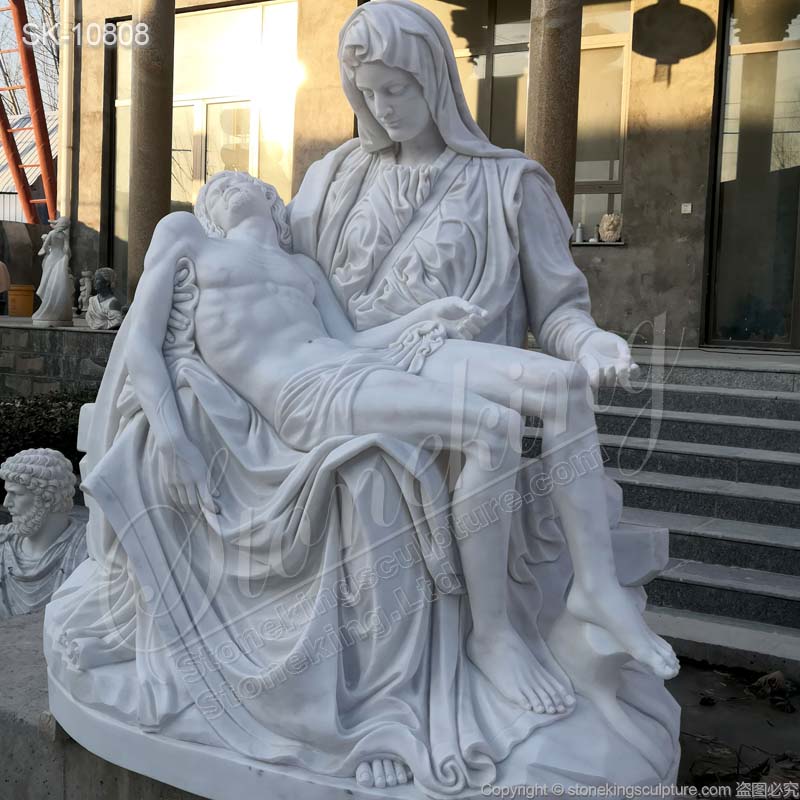 Hand Carved Life Size White Marble Pieta Statue by Michelangelo for Church for sale