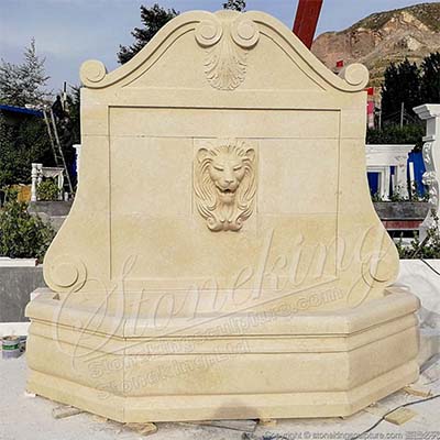 Factory Supplier Egyptian Beige Marble Outdoor Lion Head Wall Fountain for sale 