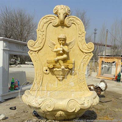 Egyptian Beige Marble Garden Wall Fountain with Angel for Outdoor Decor for sale 