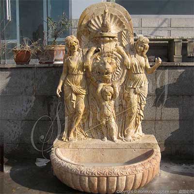 Yellow Travertine Stone Wall Fountain with Lion Head and Woman Sculptures for sale