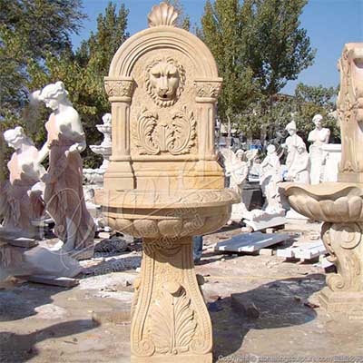 Factory Price Outdoor Yellow Marble Lion Wall Fountain for Garden and Patio for sale 