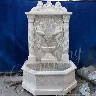 Hand Carved White Marble Exterior Wall Fountain for Garden and Backyard Decor for sale
