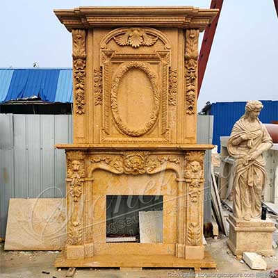 Manufacturer Overmantel of Yellow Travertine Stone Fireplace Mantel for Living Room for sale