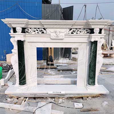 Home Decoration Luxury Solid Marble Custom Fireplace Mantel Shelf with Columns for sale 